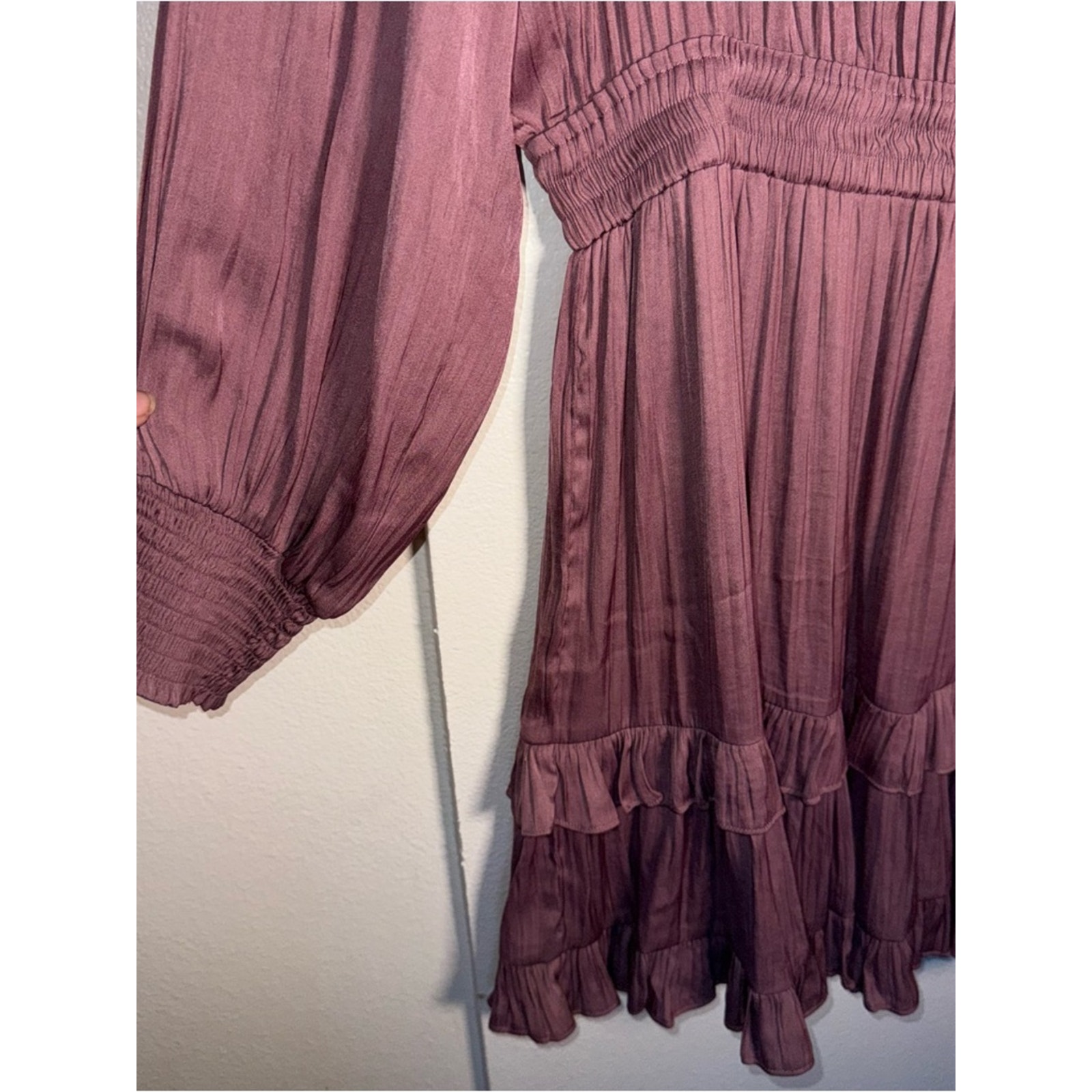 Nwt Evereve Hailey Smocked Waist Long-Sleeve Ruffle Mauve Mini Dress Xl — image 6 of 7